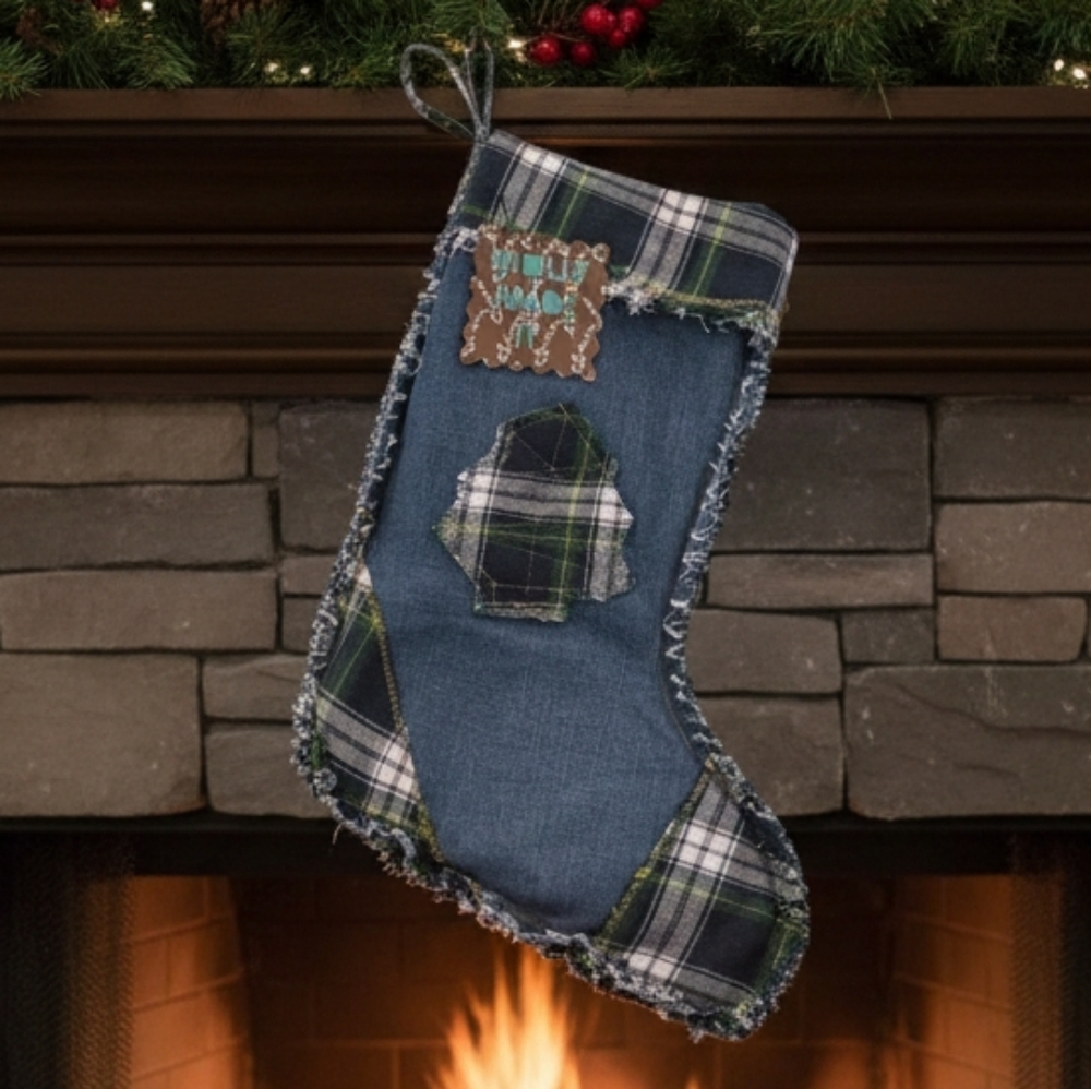 Upcycled Christmas Stocking Hand Crafted Plaid Tree  & Trim, Blue Jean Denim